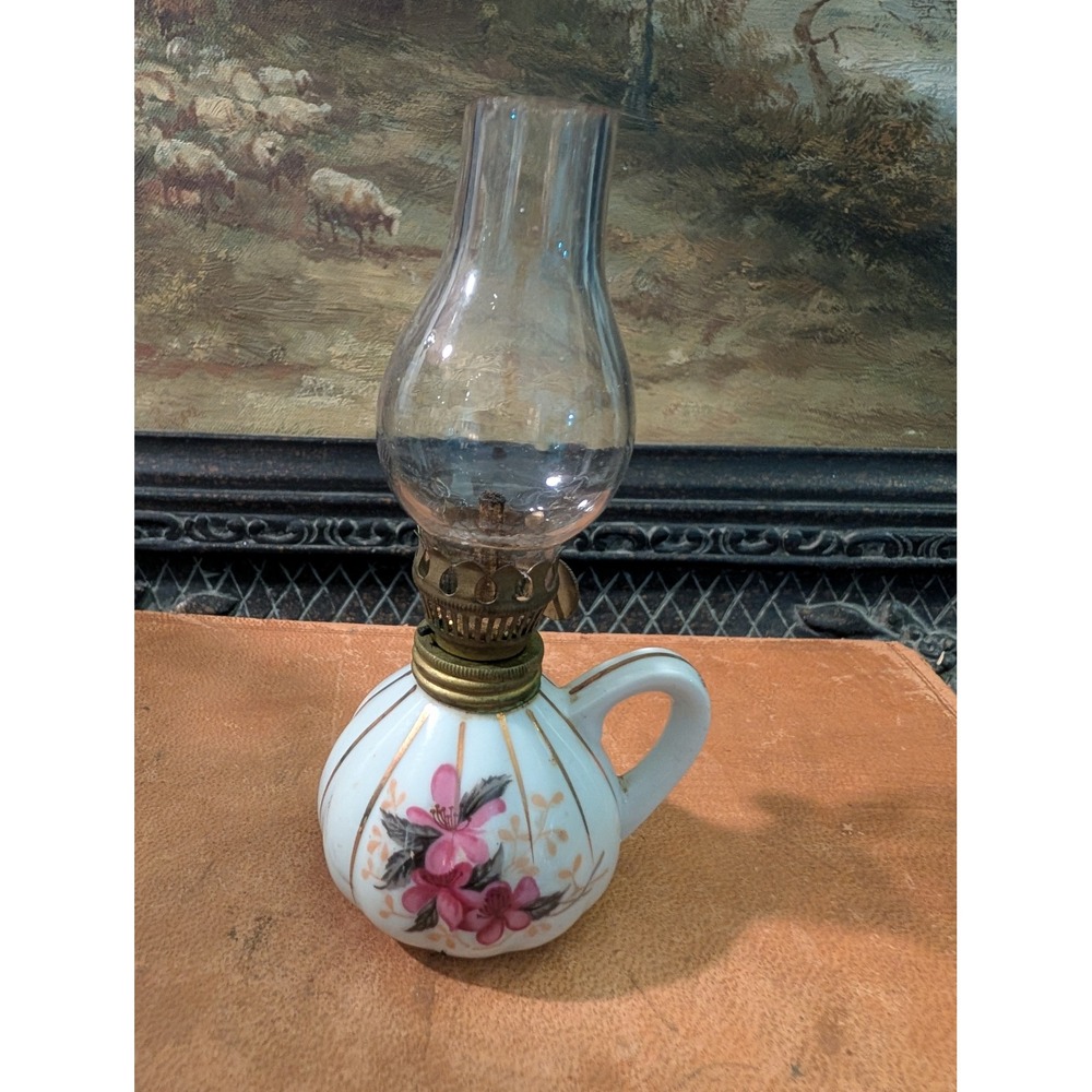 Vintage Miniature Porcelain Oil Lamp Hand Painted Pink Floral Gold Gilt 5"